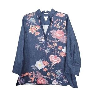 Chico's No-Iron Chic Stretch Cotton Blend Denim-Floral-Print Henley Neck Tunic M